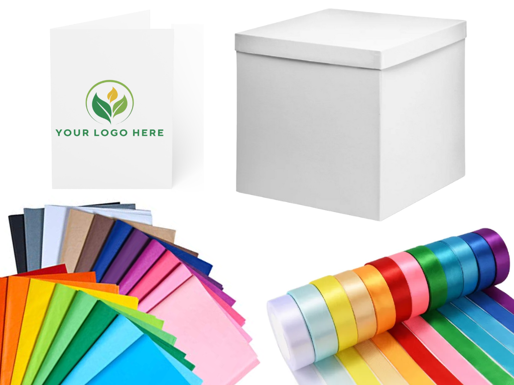 Colorful paper and ribbons with a branded box on a white background