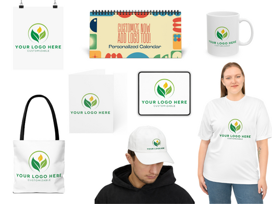 Collection of branded merchandise including a tote bag, calendar, mug, and clothing with a logo.