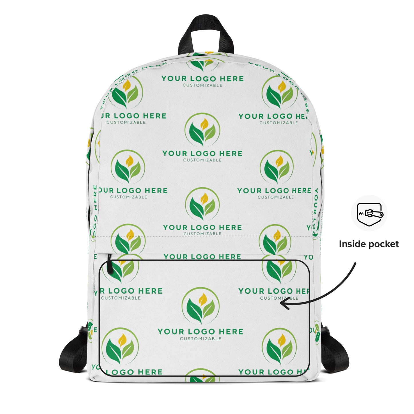 Customizable backpack with logo placeholder and inside pocket indicator
