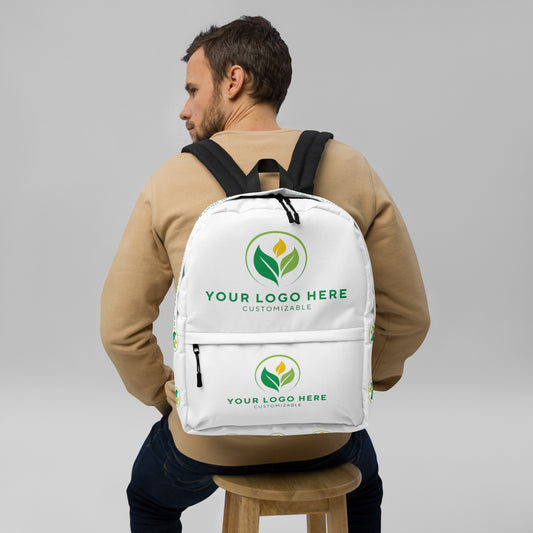 Man wearing a customizable white backpack with a logo placeholder on a gray background