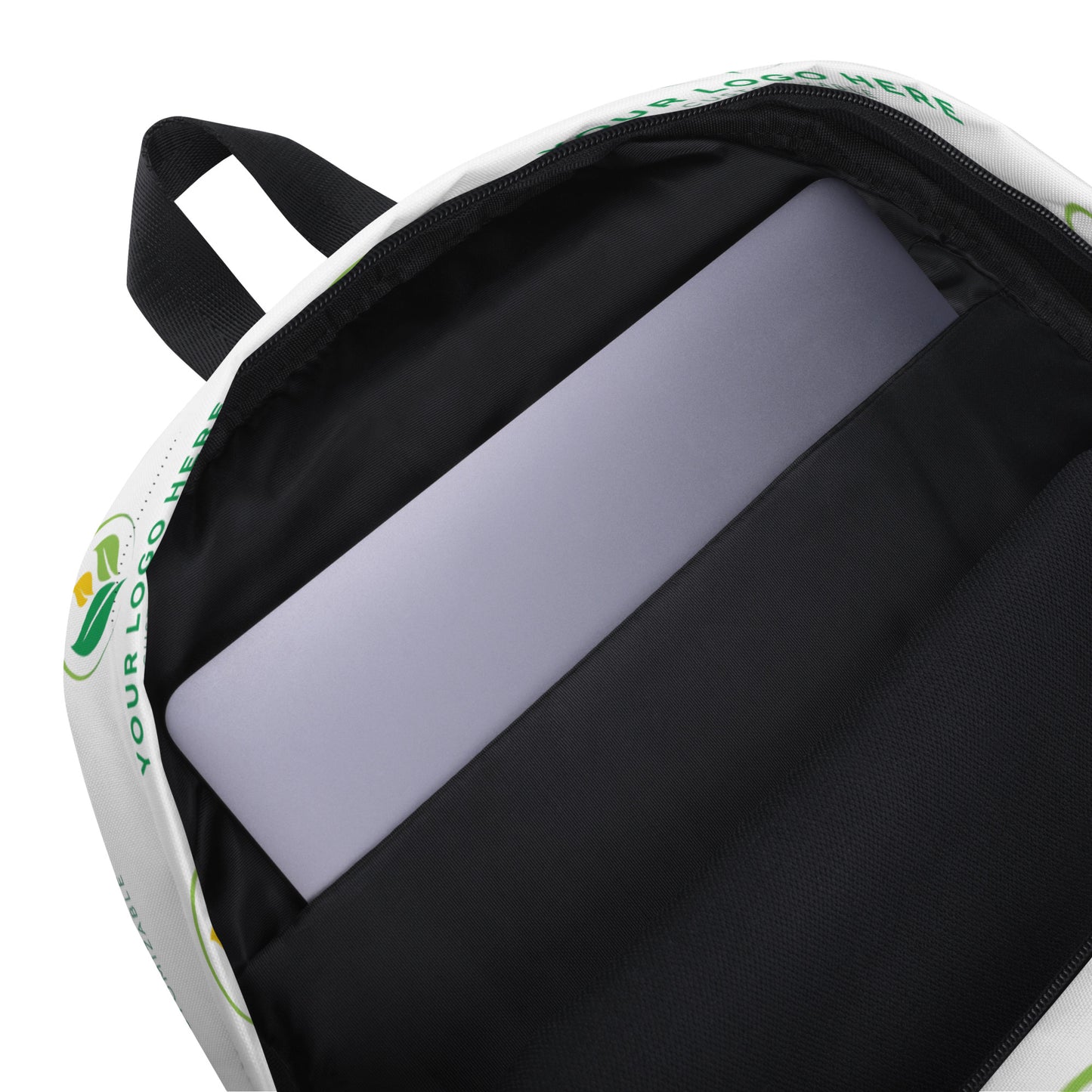 Backpack interior with a laptop pad and customizable branding area.