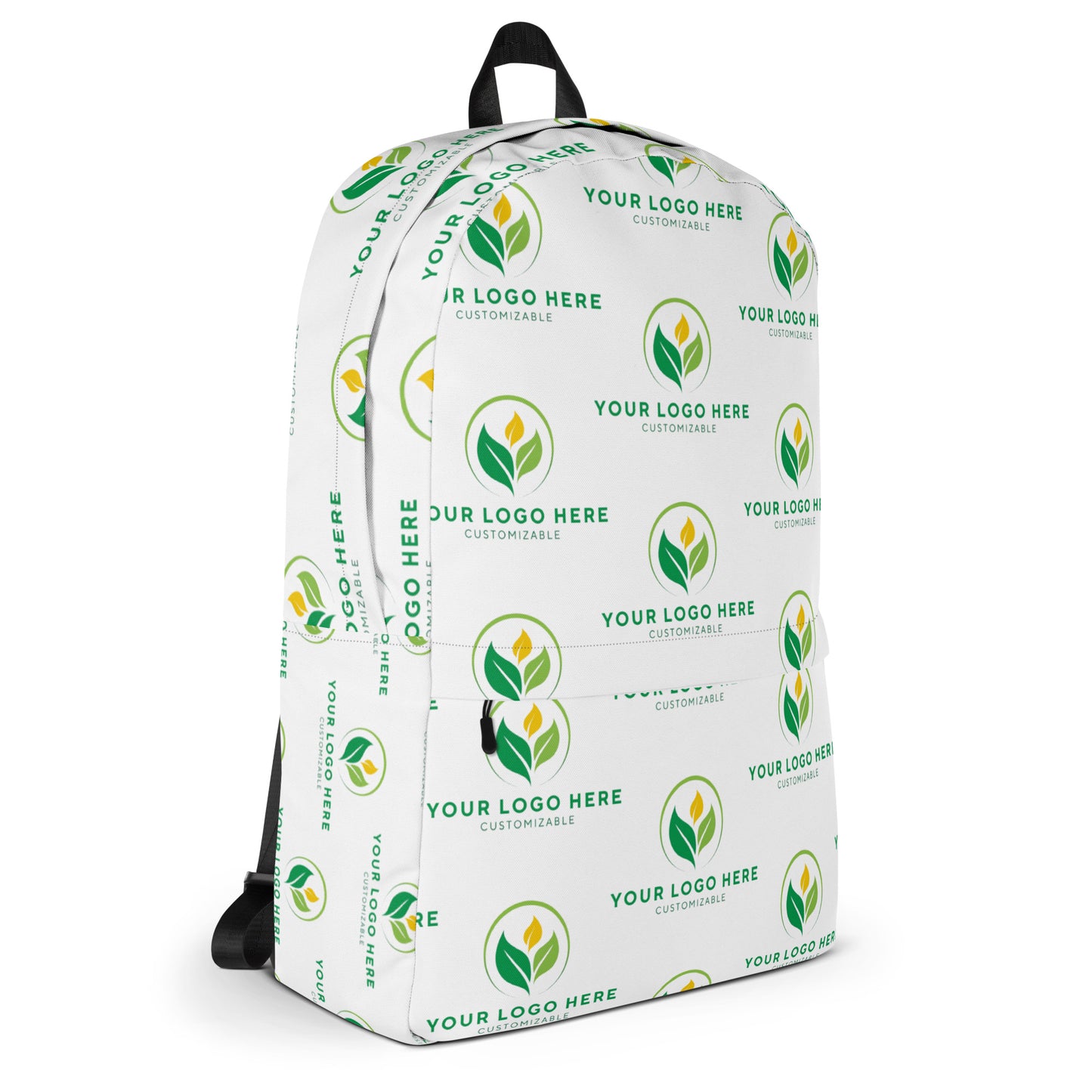 White backpack with customizable logo design on a white background