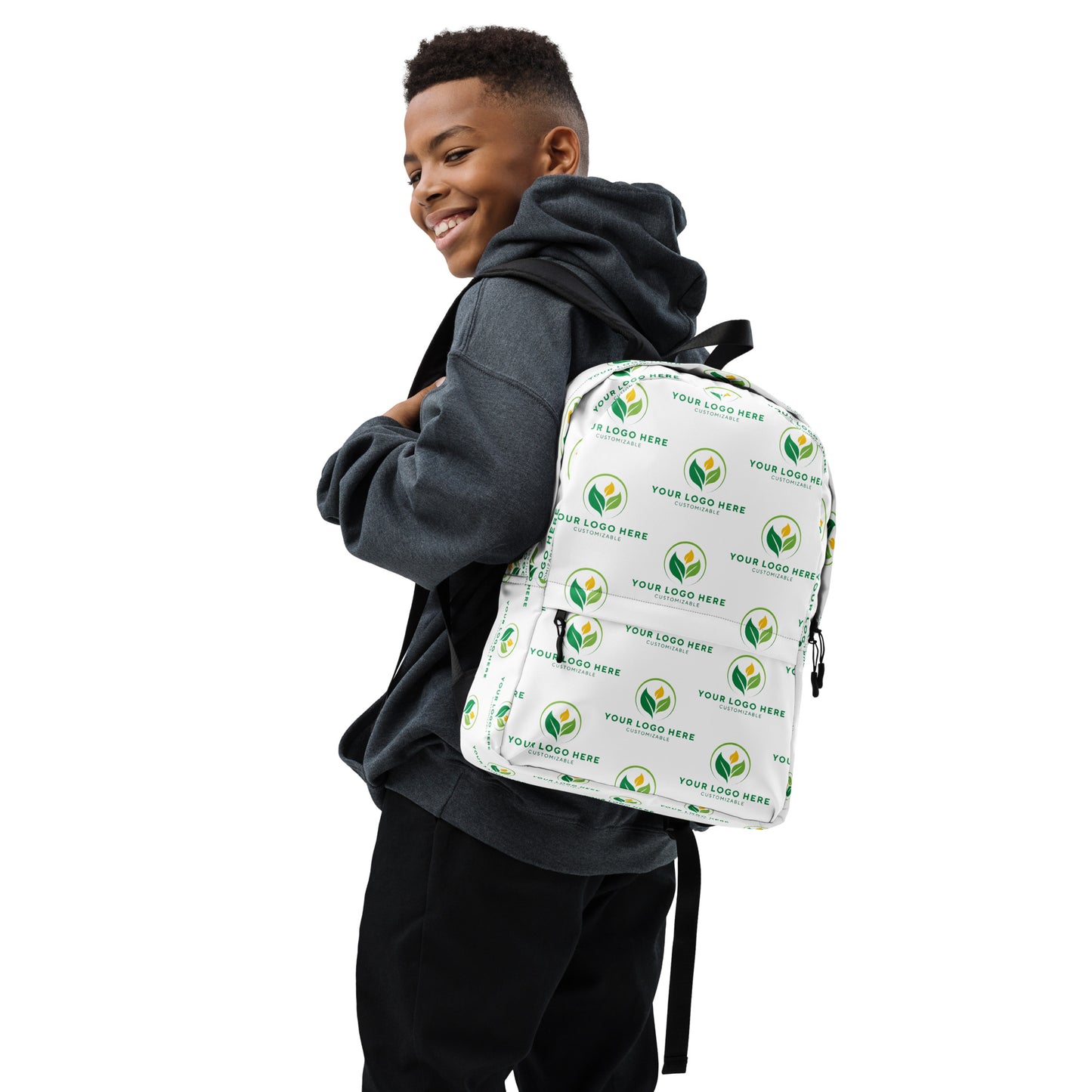 Person wearing a white backpack with green and yellow logos on a white background