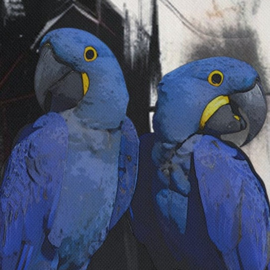 A custom canvas depicting two blue hyacinth macaws perched on a wooden stump with a custom name label, surrounded by a blurred background.