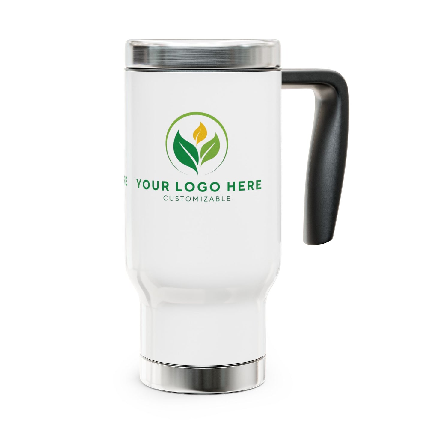 White travel mug with customizable logo on a white background