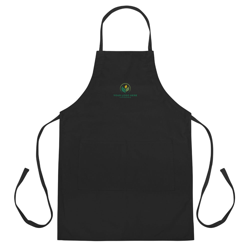 Black apron with a logo on a white background