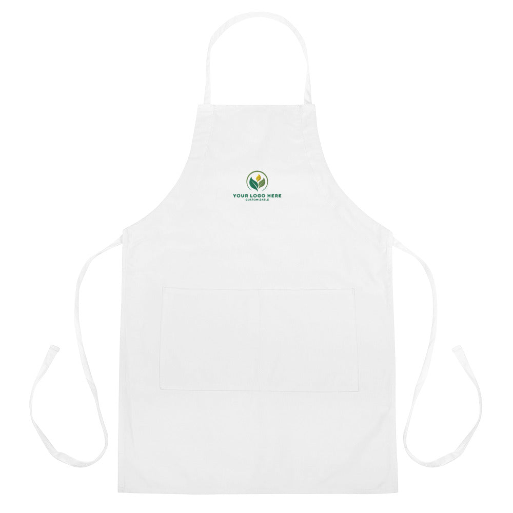 White apron with a logo on a white background