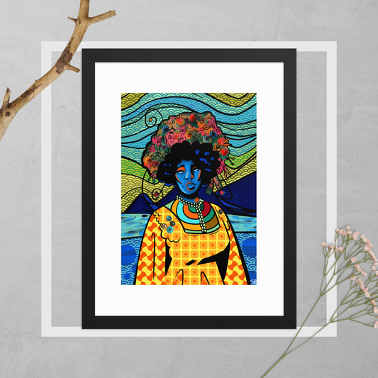 Framed artwork of a colorful woman with a floral headpiece on a gray background