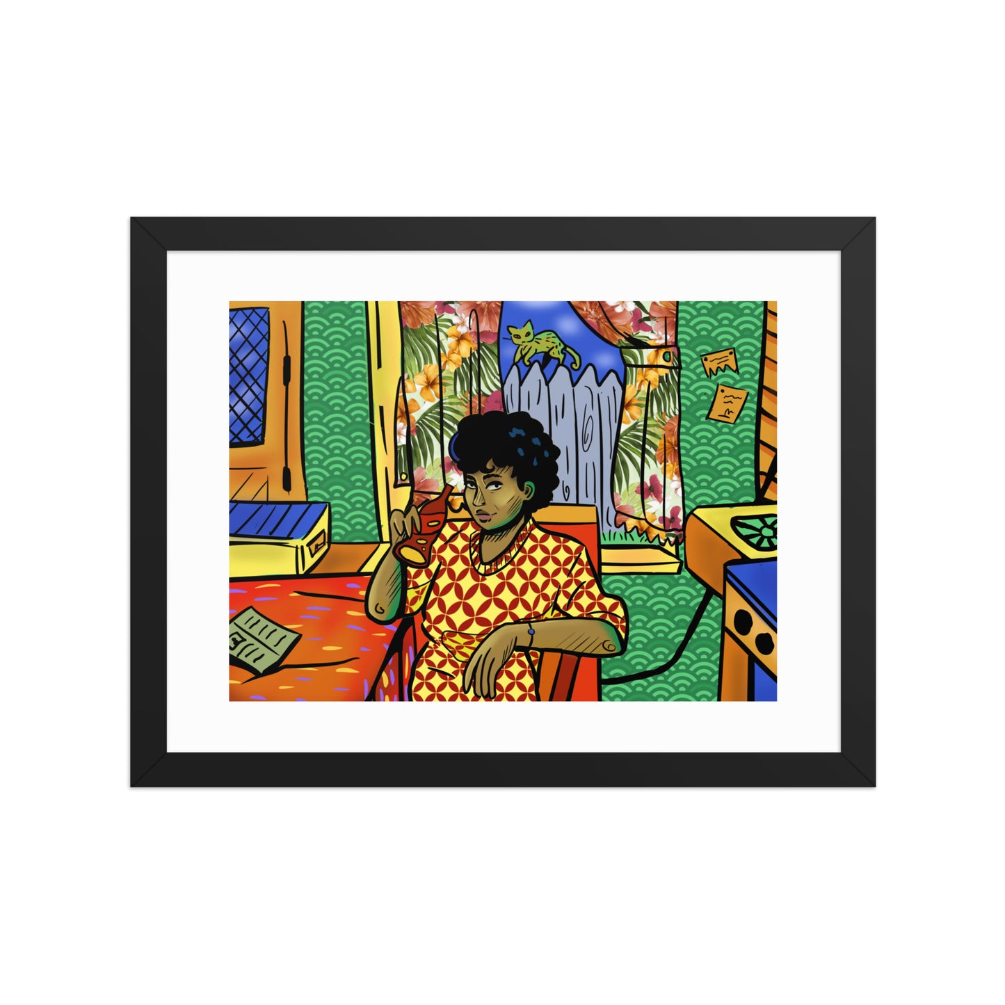 Bold 70s illustration of woman in orange kitchen
