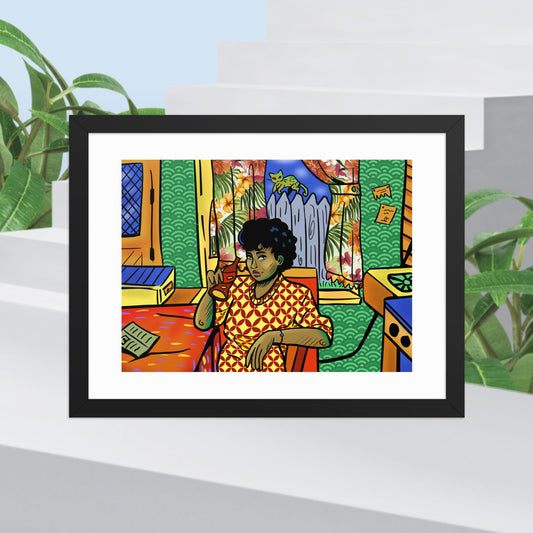 Colorful pop art print of woman in vintage kitchen.