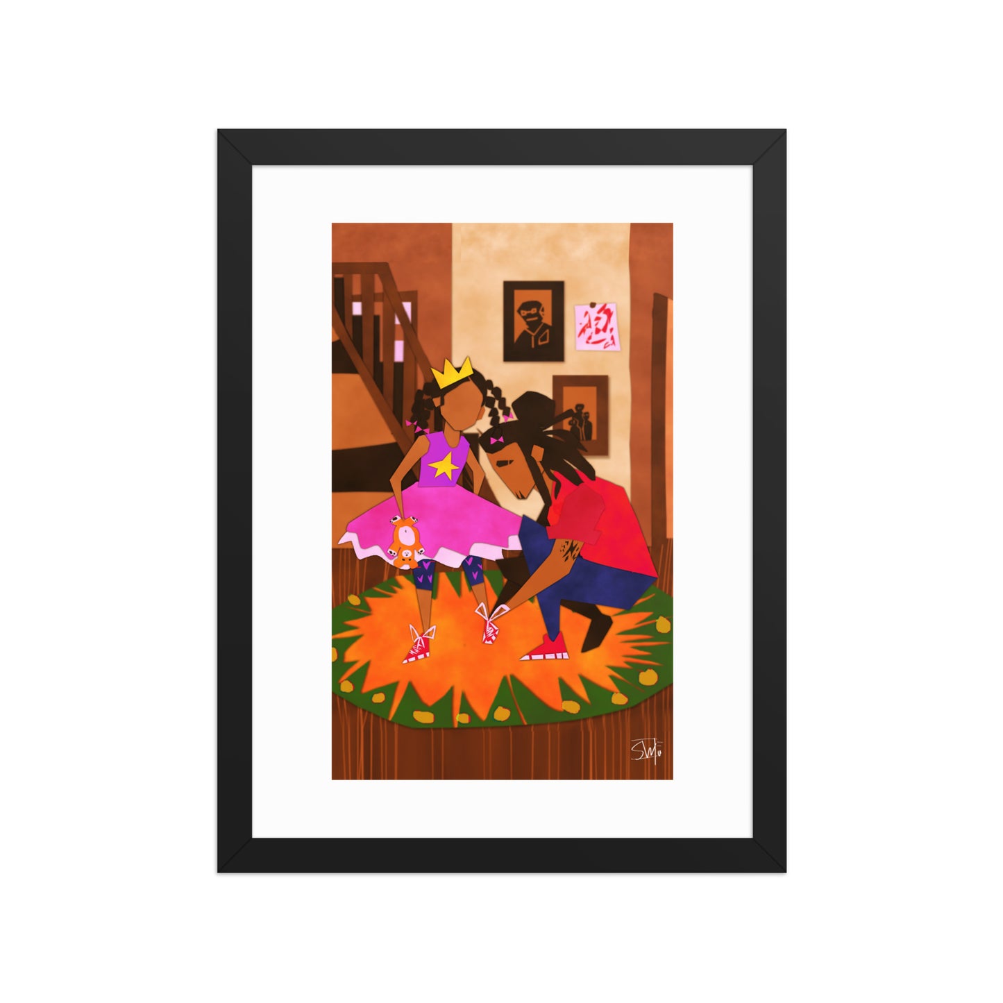 Illustration of girl in princess dress and father tying shoes