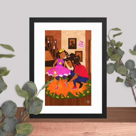 Framed art of father helping daughter put on shoes