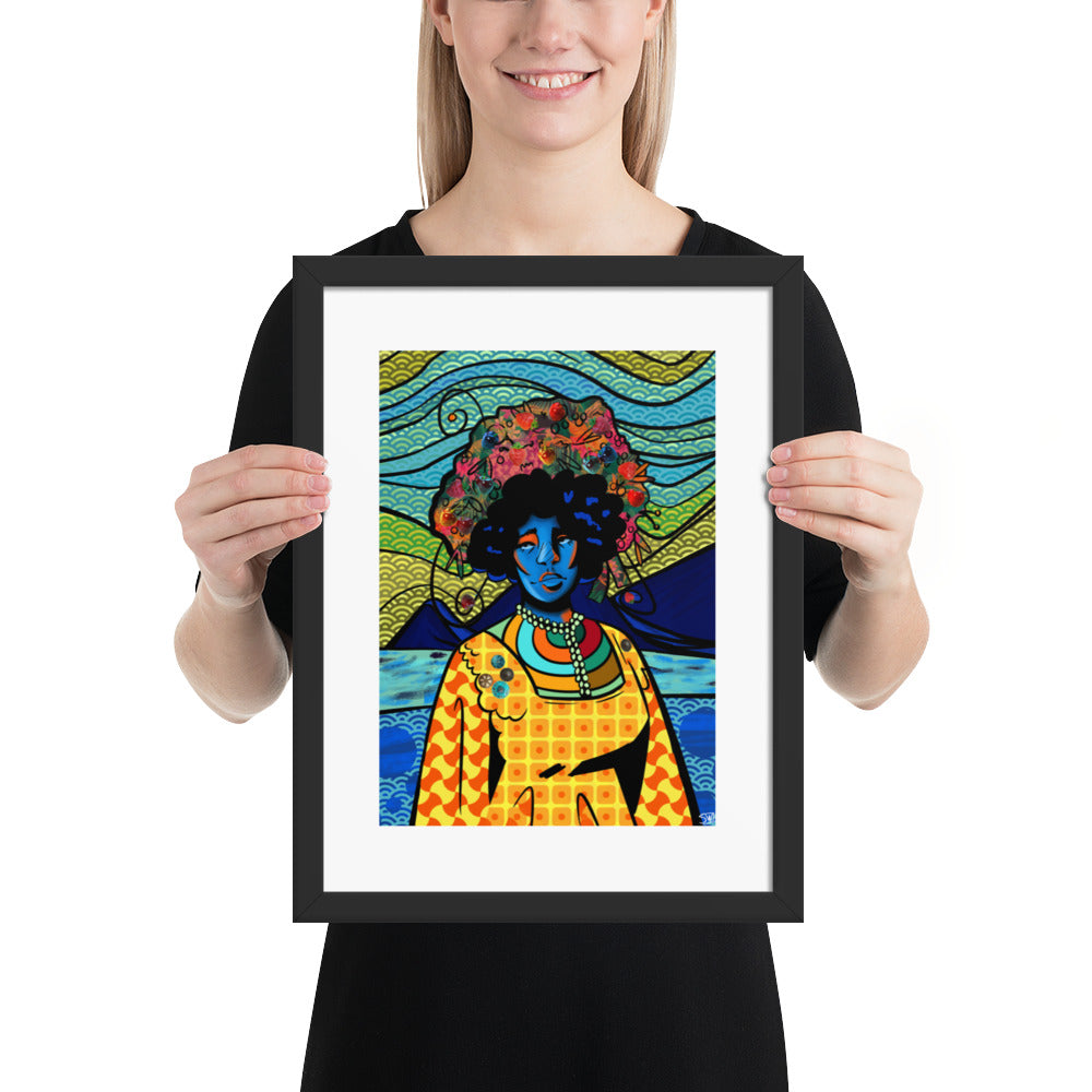 Person holding a framed colorful artwork of a person with a floral headpiece against a white background