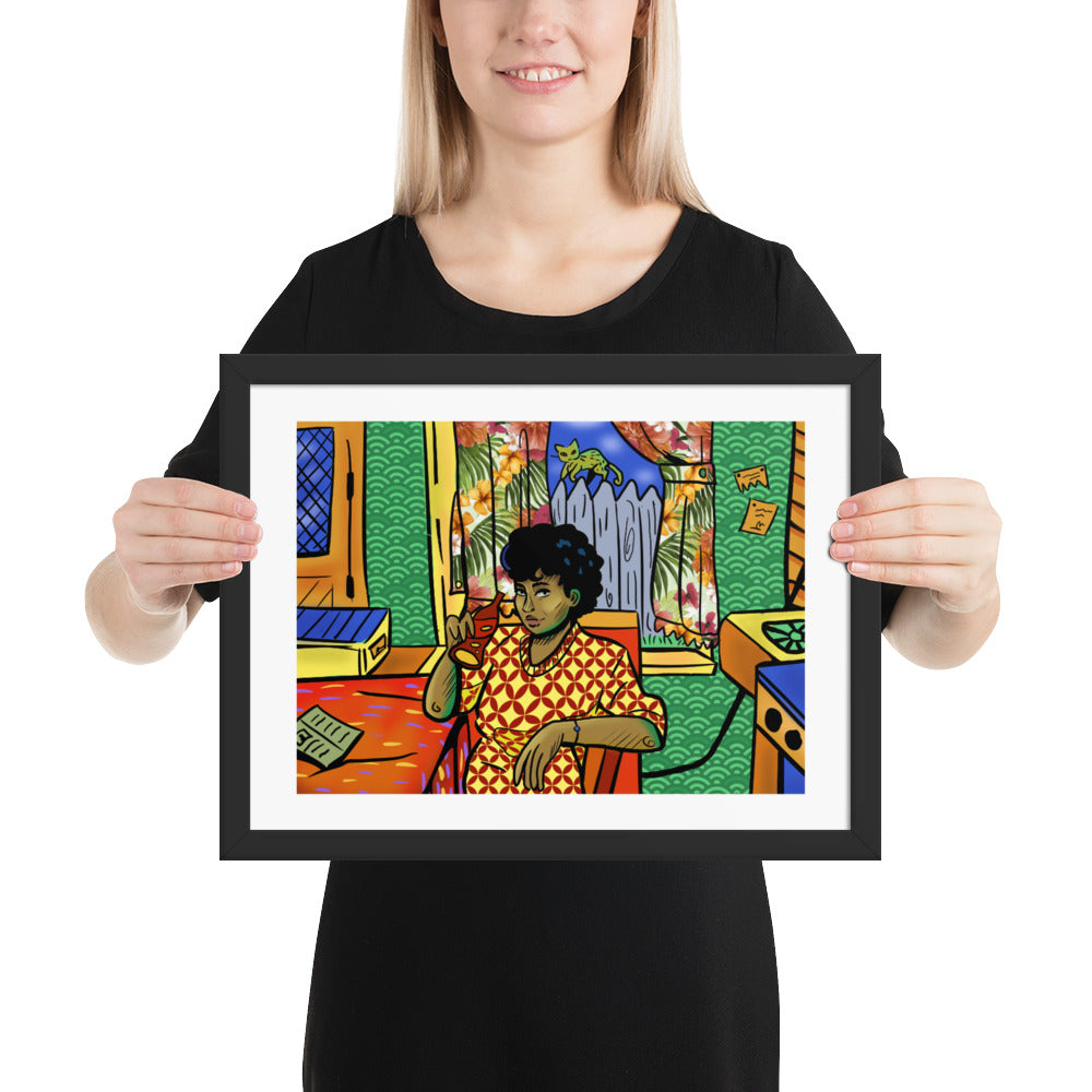 Retro 1970s woman drinking soda framed poster art
