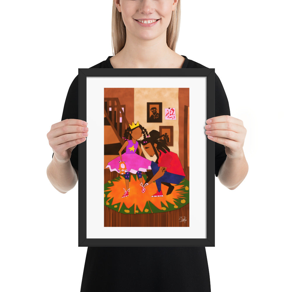 Illustration of girl in princess dress and father tying shoes
