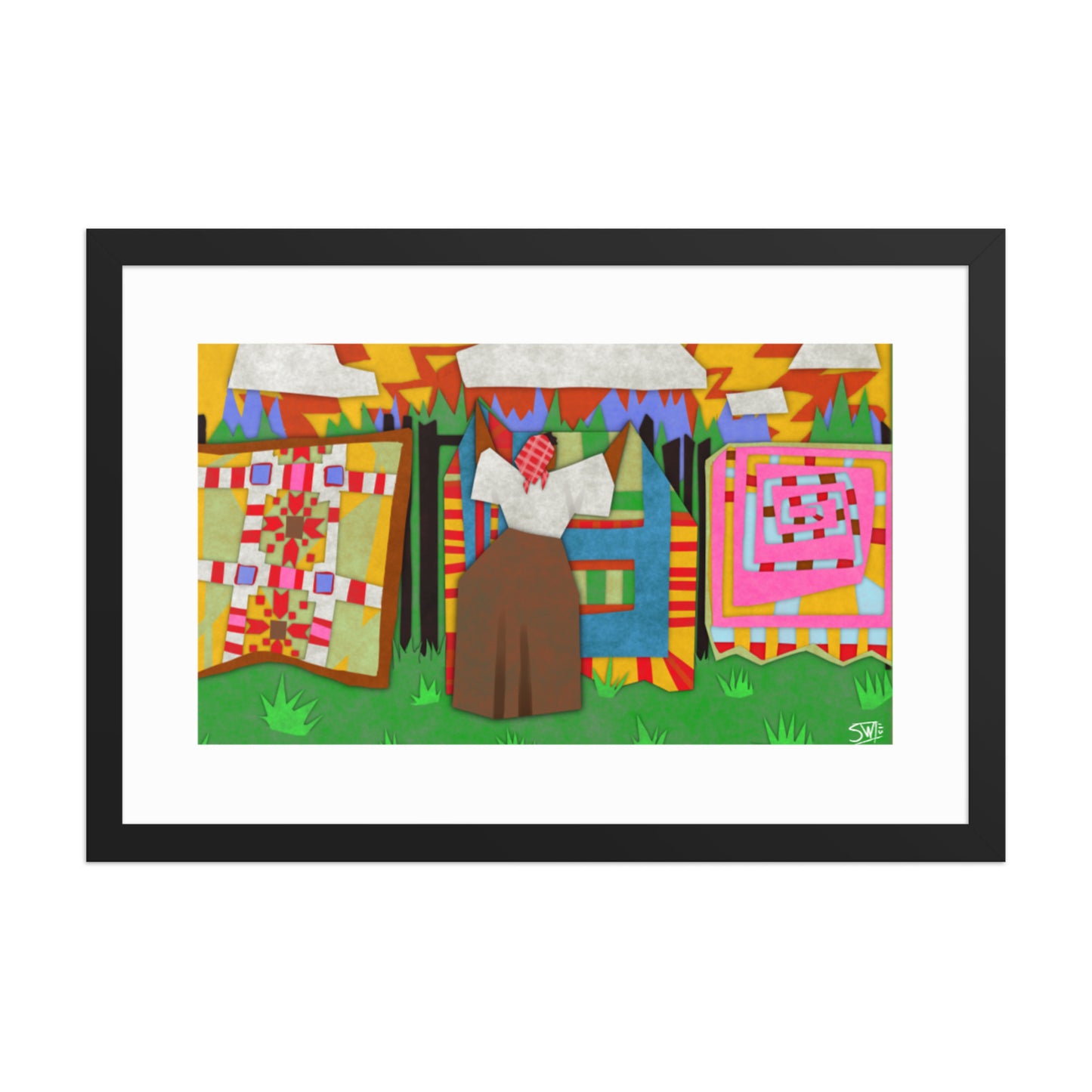 Gee’s Bend inspired framed poster with colorful quilts hanging on a line outdoors