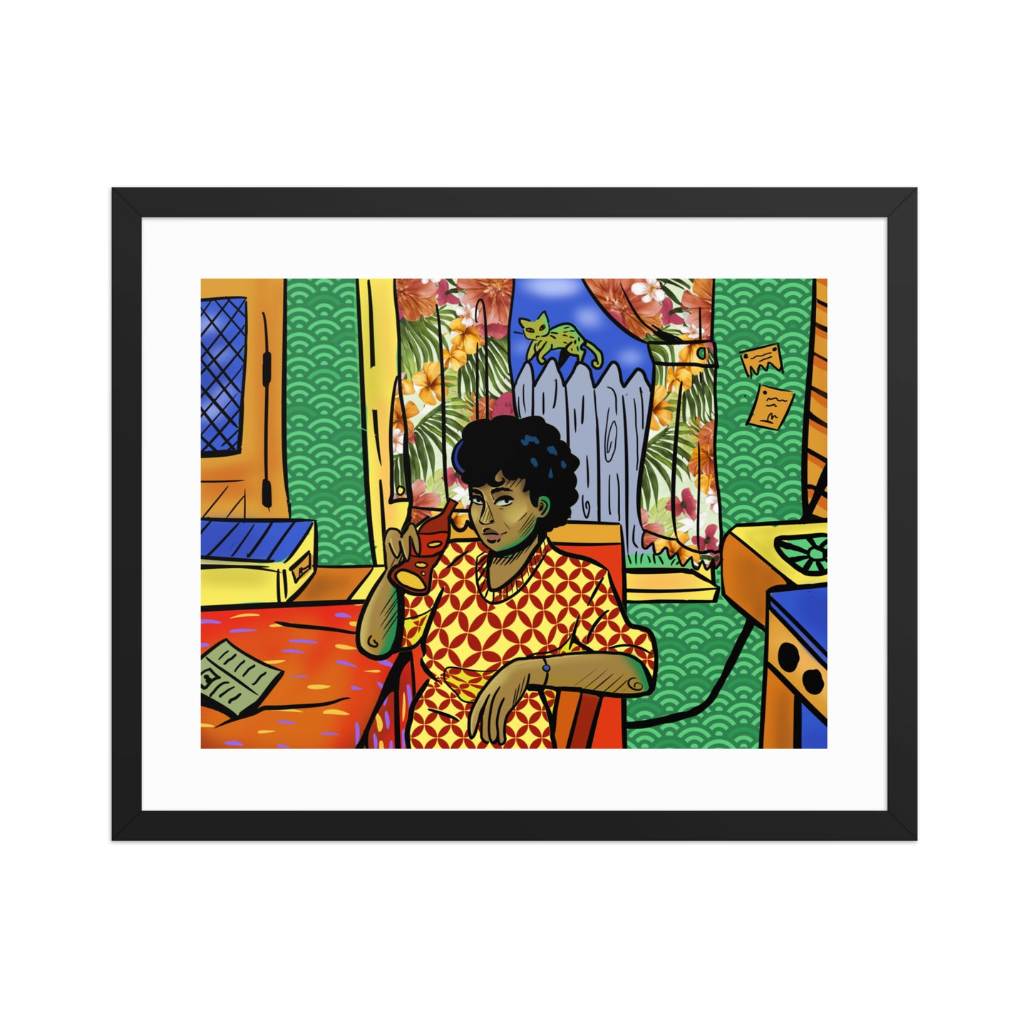 Bold 70s illustration of woman in orange kitchen
