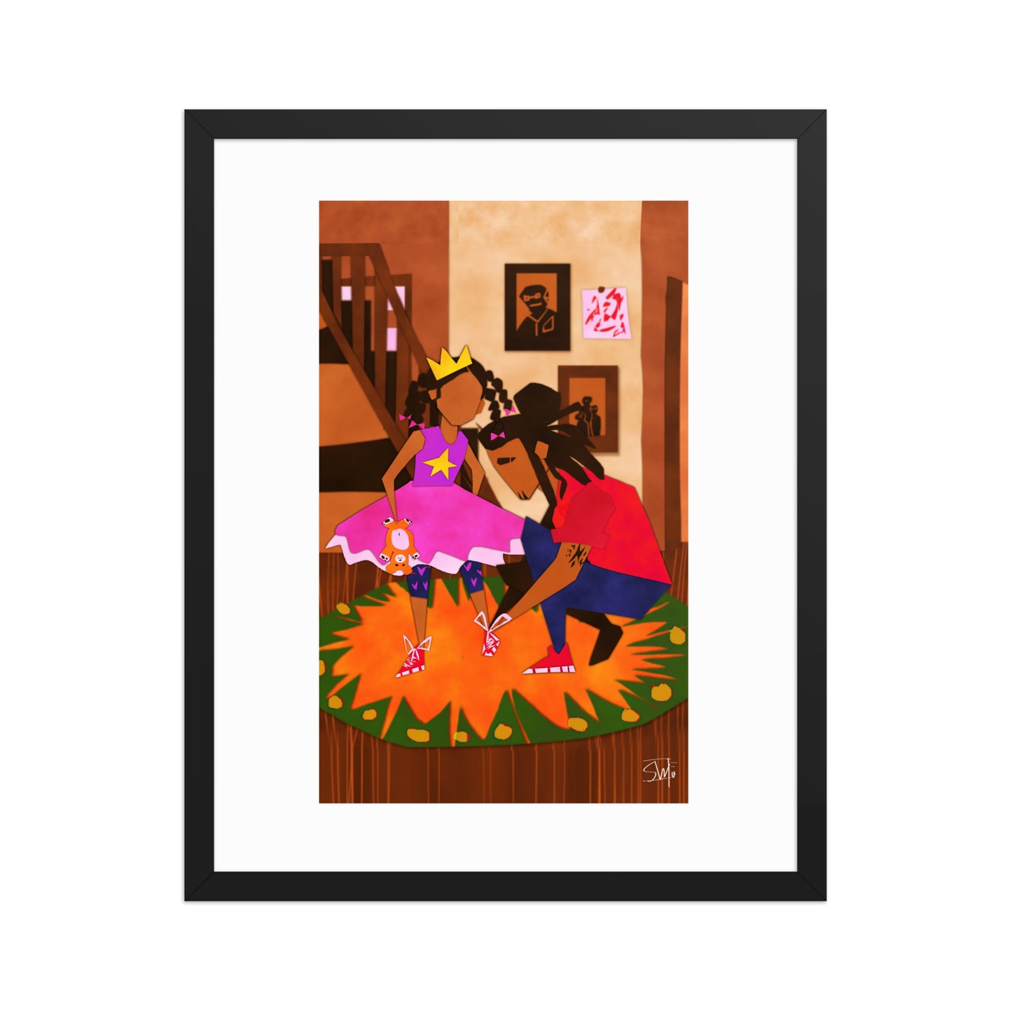 Illustration of girl in princess dress and father tying shoes