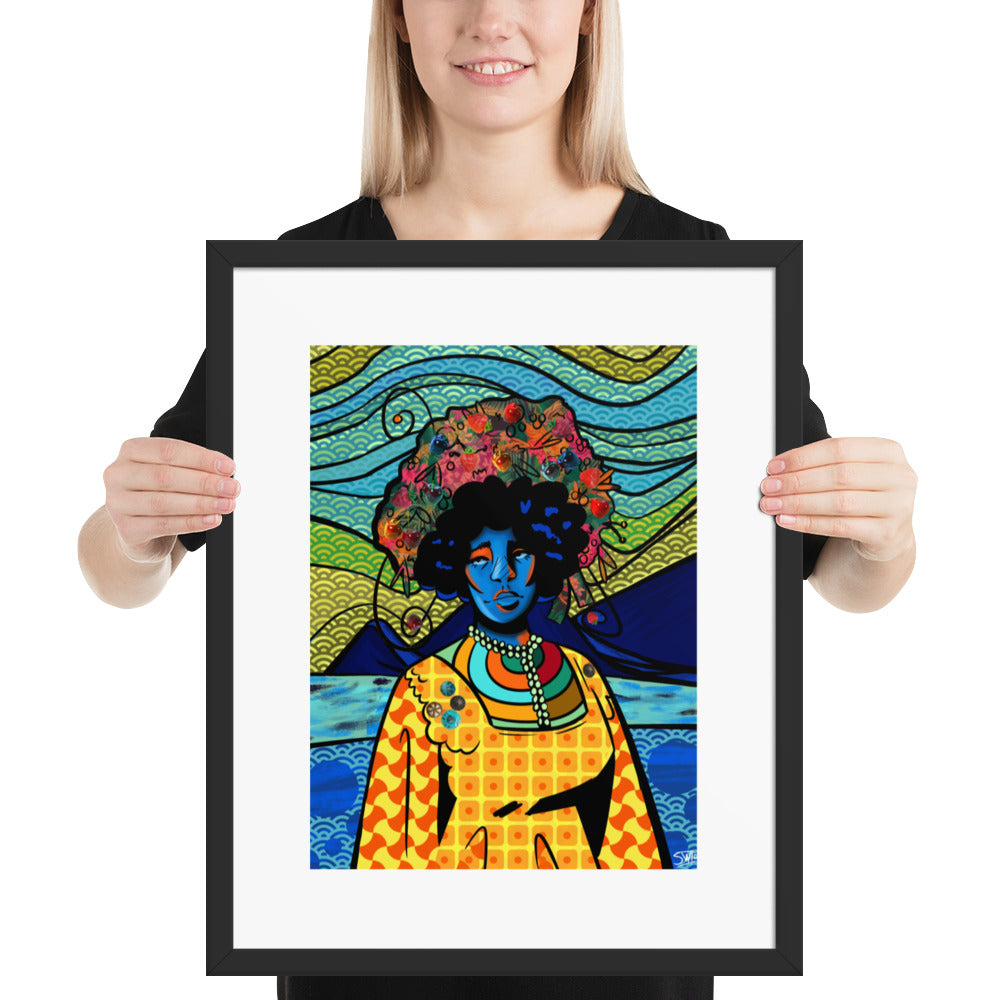 Person holding a framed colorful artwork of a person with a floral headpiece and vibrant clothing.