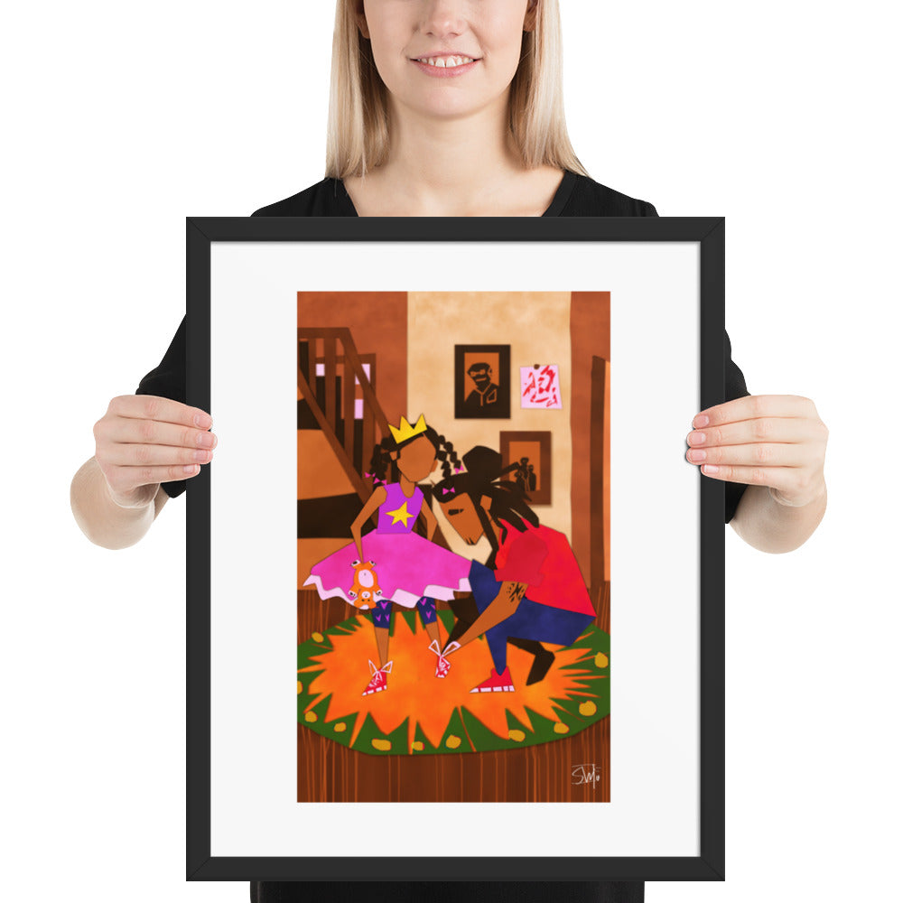 Illustration of girl in princess dress and father tying shoes