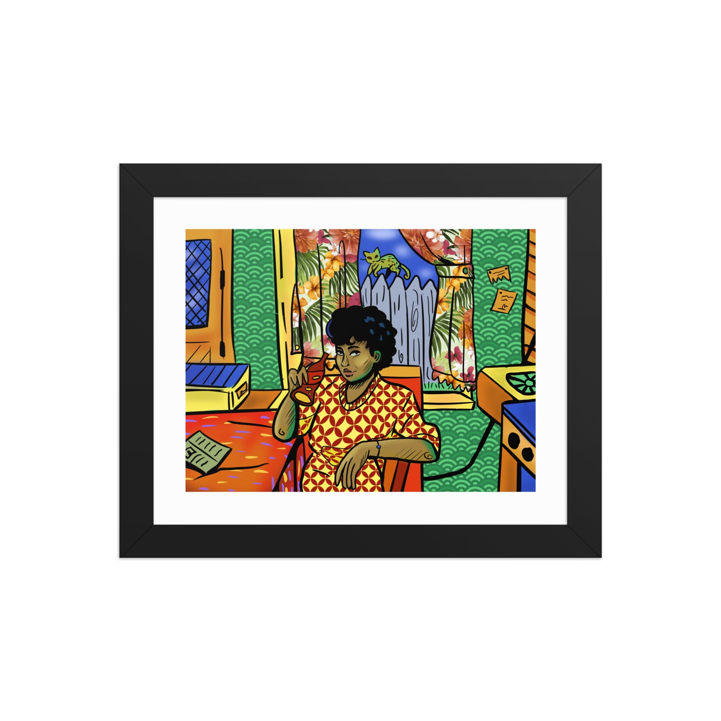Bold 70s illustration of woman in orange kitchen
