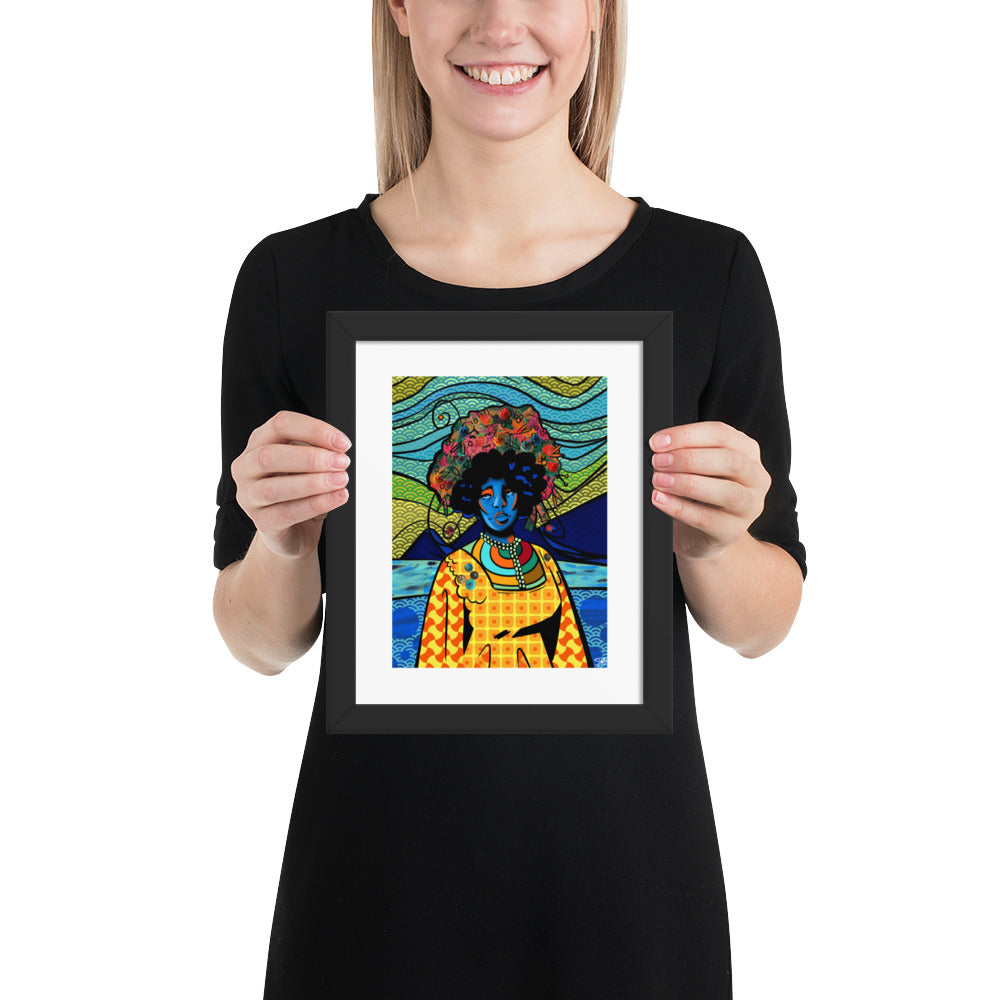 Person holding a framed colorful artwork of a person with an afro on a white background