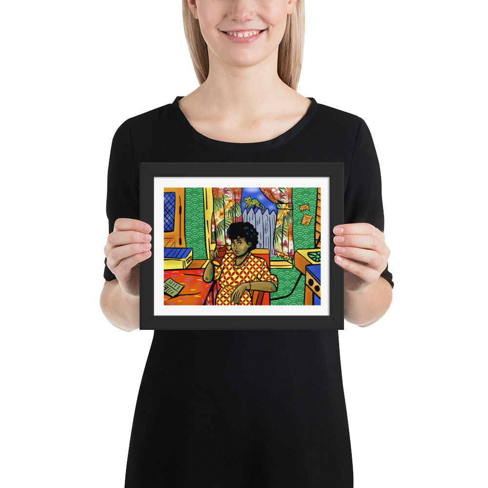 Retro 1970s woman drinking soda framed poster art