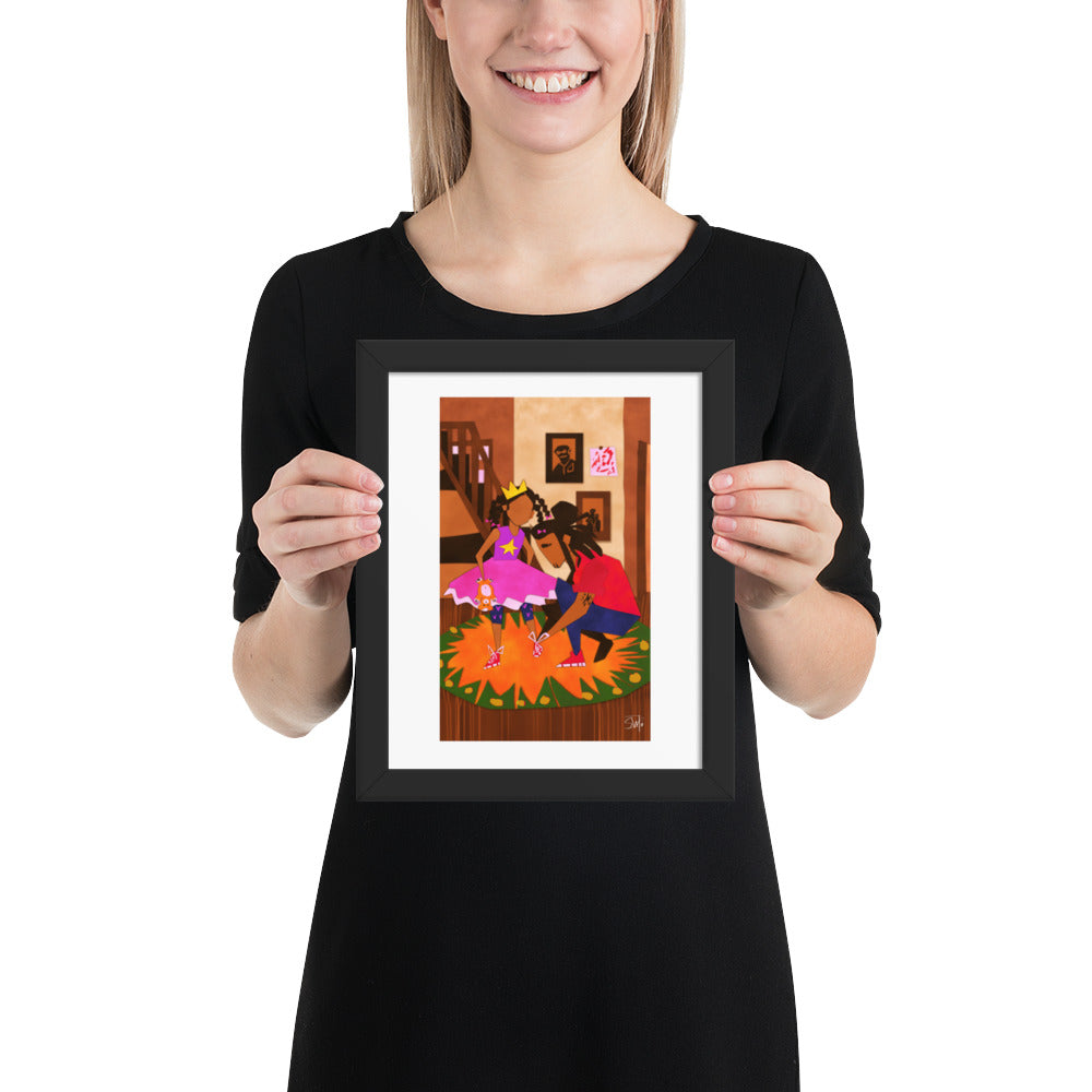 Illustration of girl in princess dress and father tying shoes