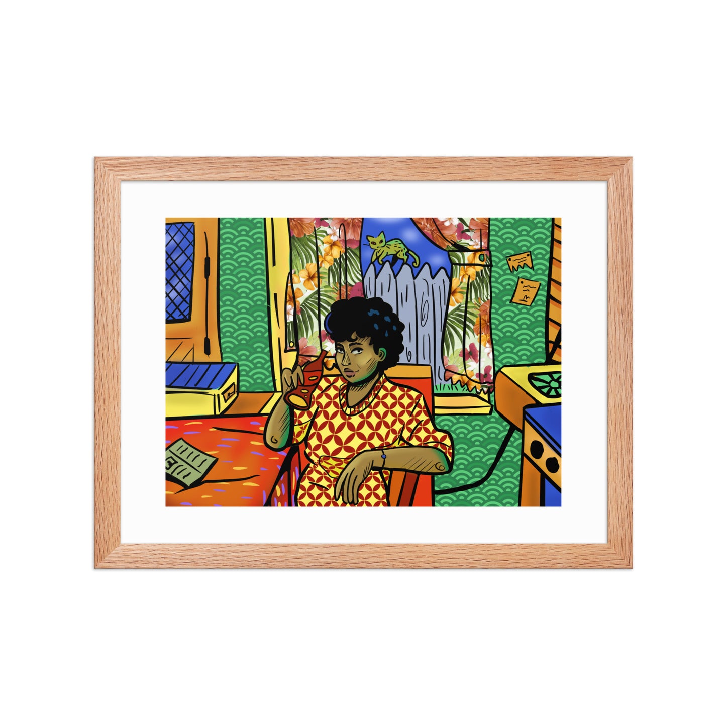 Retro kitchen scene artwork framed with white mat.