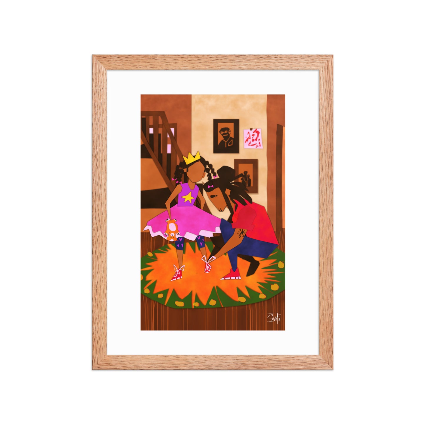 Illustration of girl in princess dress and father tying shoes