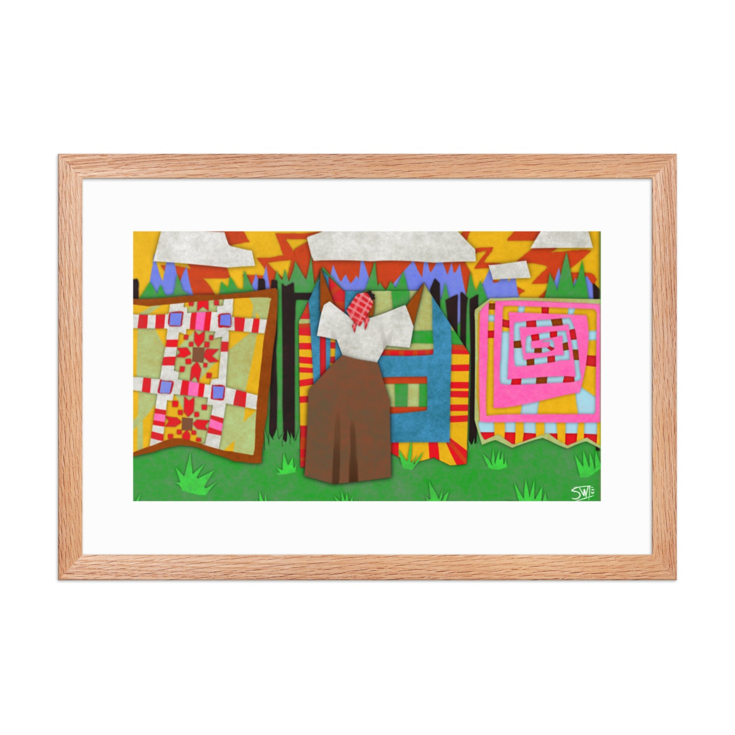Gee’s Bend inspired framed poster with colorful quilts hanging on a line outdoors