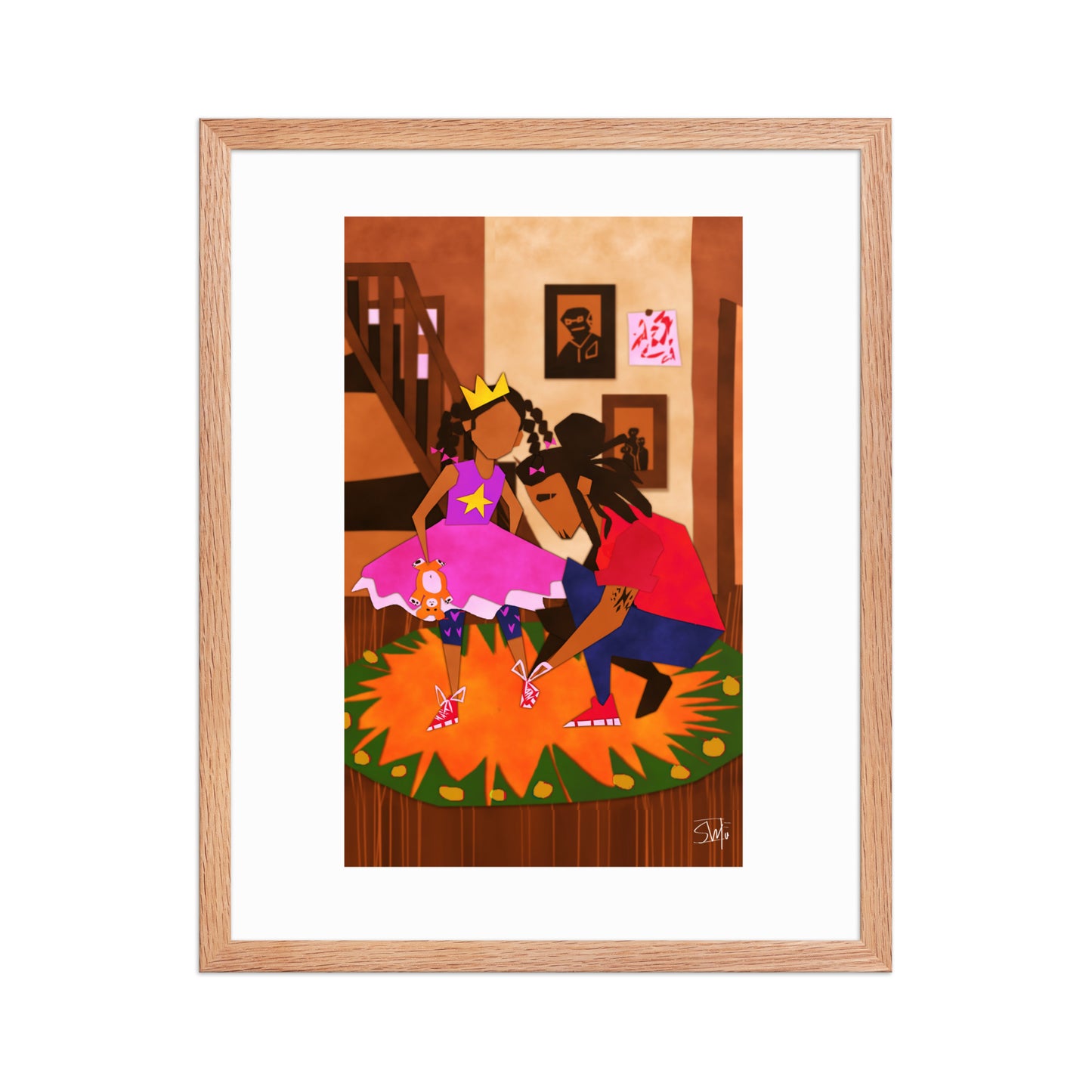 Illustration of girl in princess dress and father tying shoes