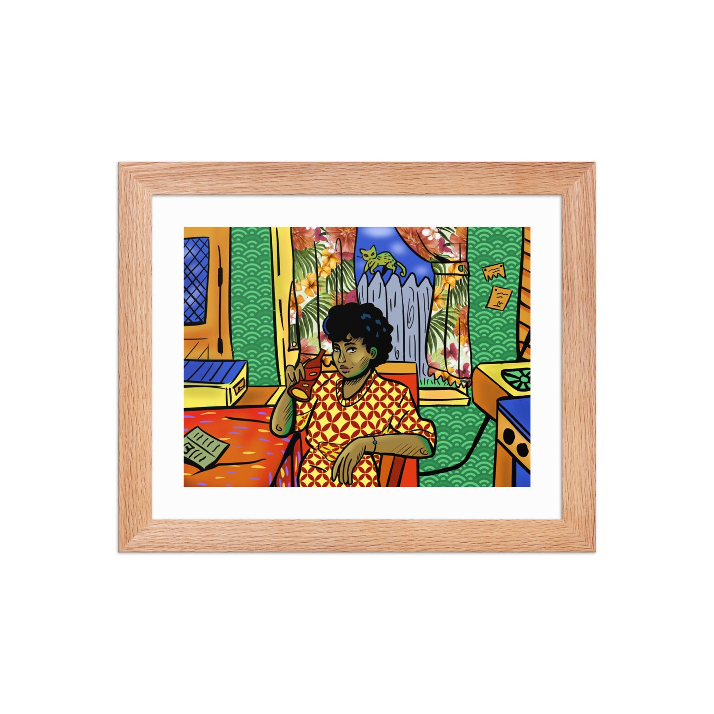 Retro kitchen scene artwork framed with white mat.