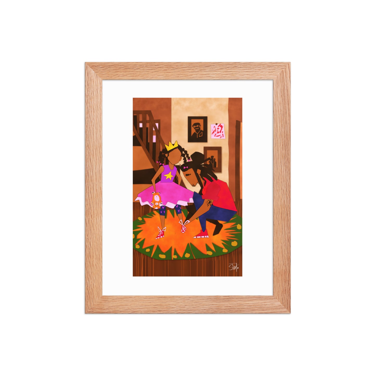 Illustration of girl in princess dress and father tying shoes
