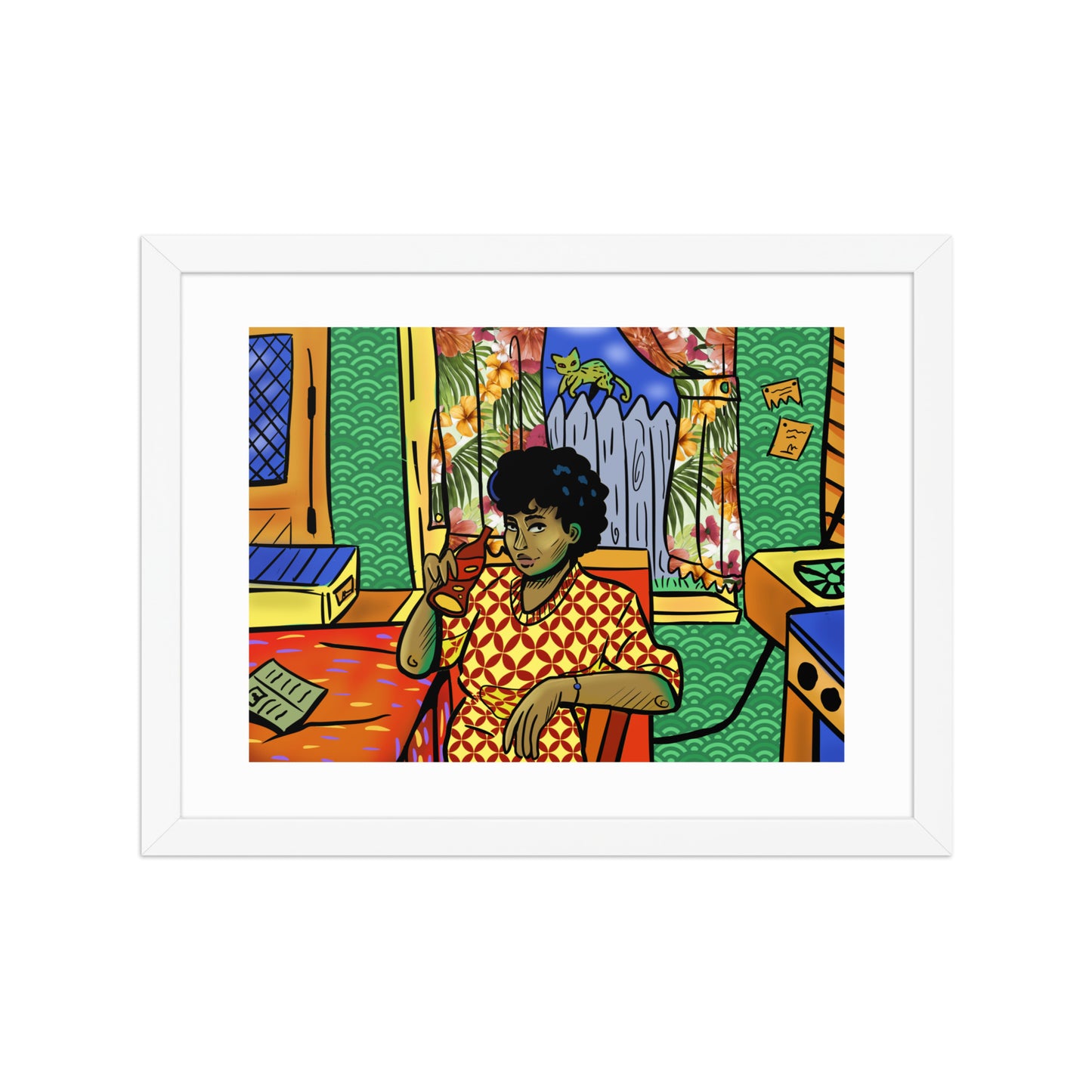 Retro kitchen scene artwork framed with white mat.