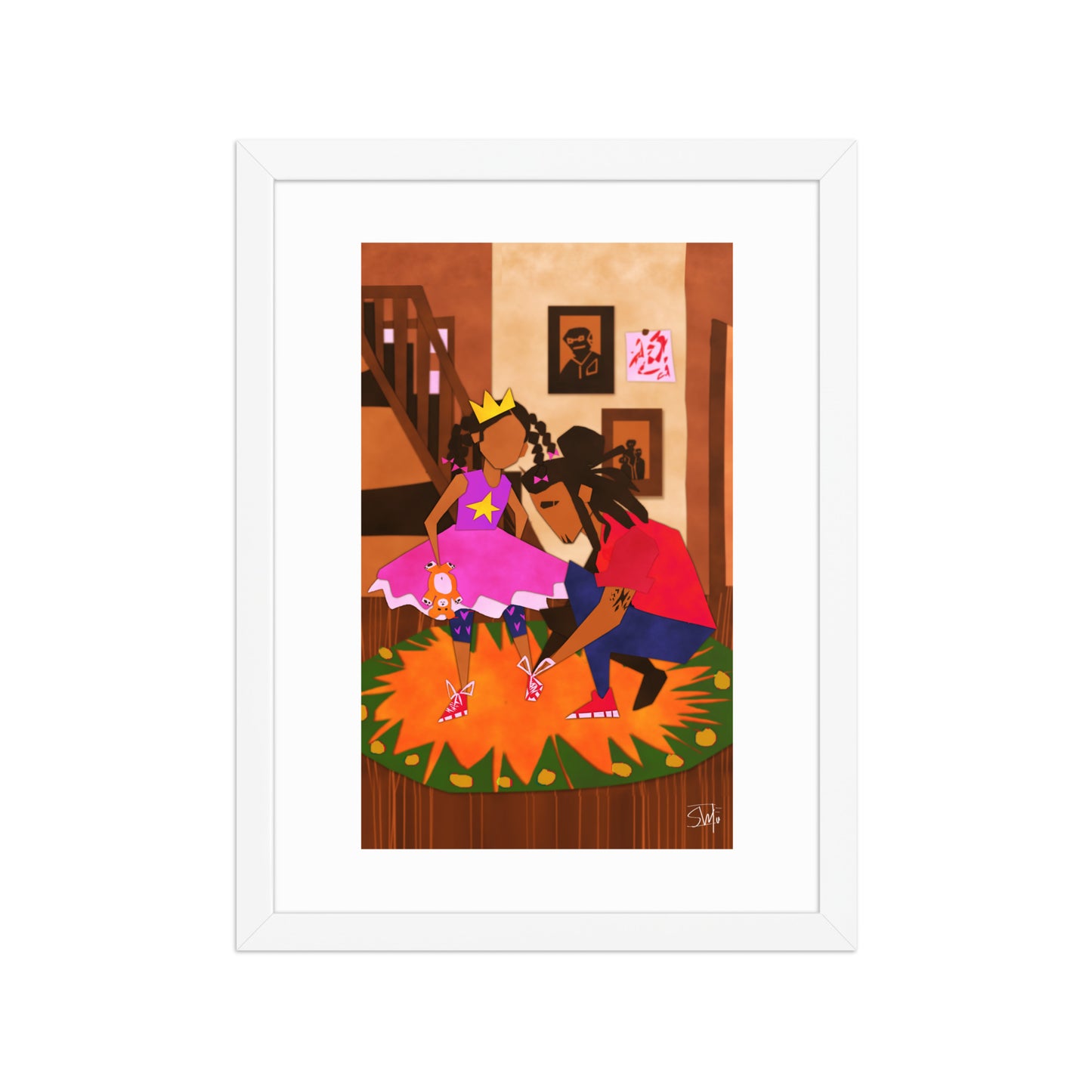 Illustration of girl in princess dress and father tying shoes
