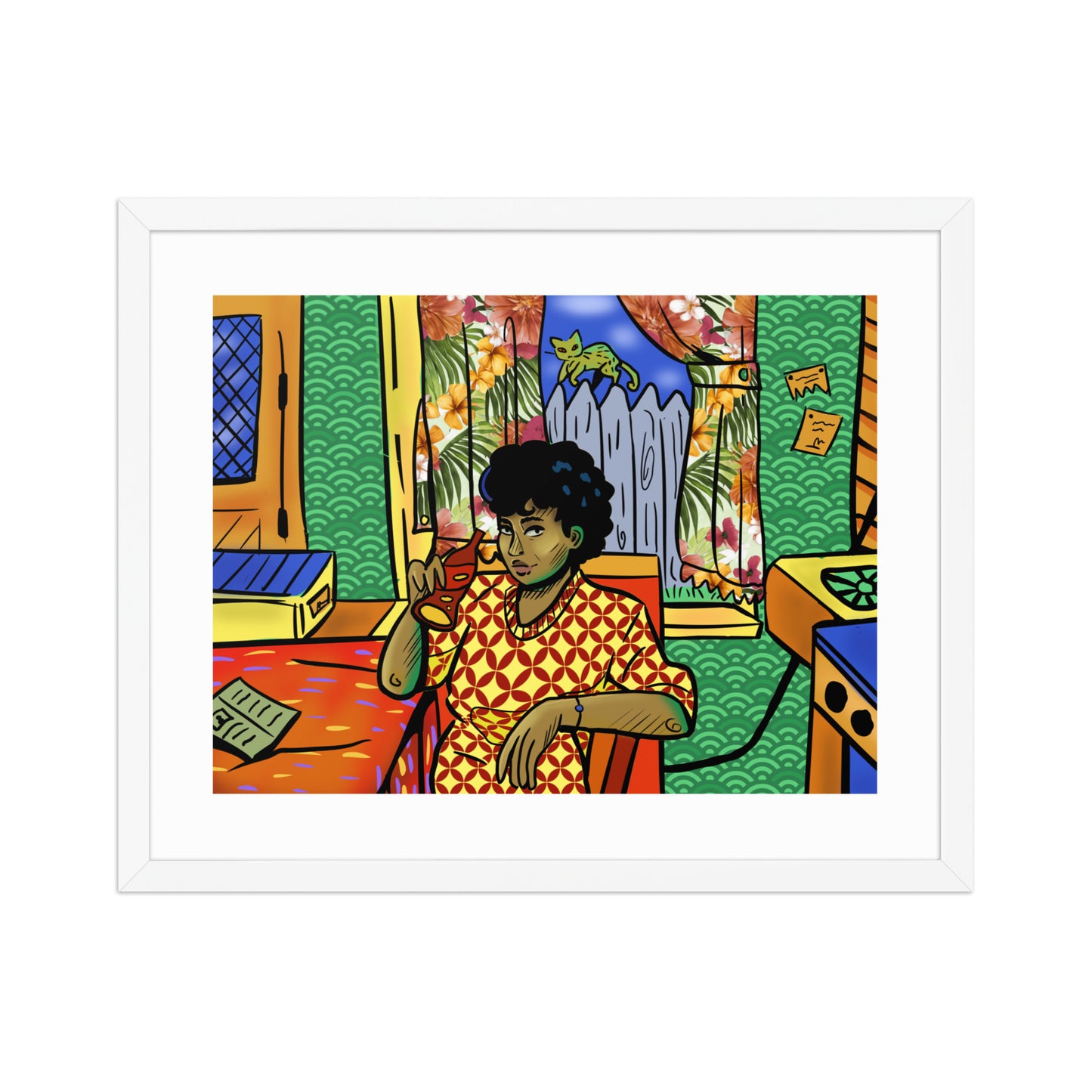 Retro kitchen scene artwork framed with white mat.