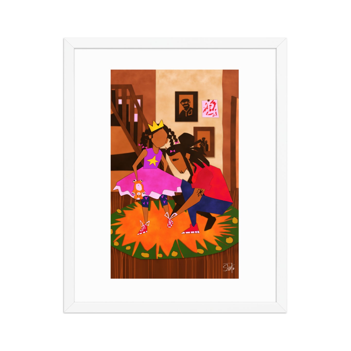 Illustration of girl in princess dress and father tying shoes