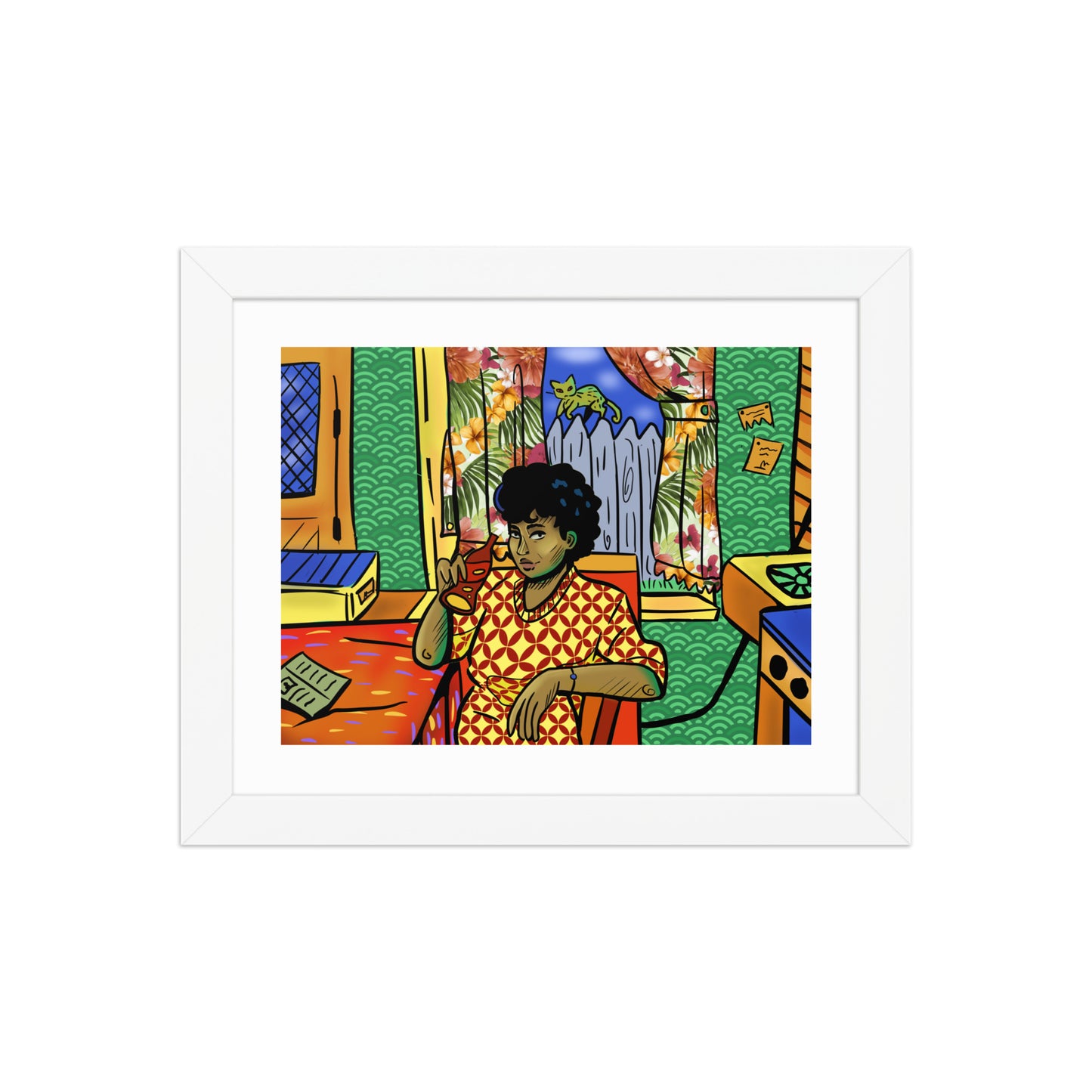 Retro kitchen scene artwork framed with white mat.