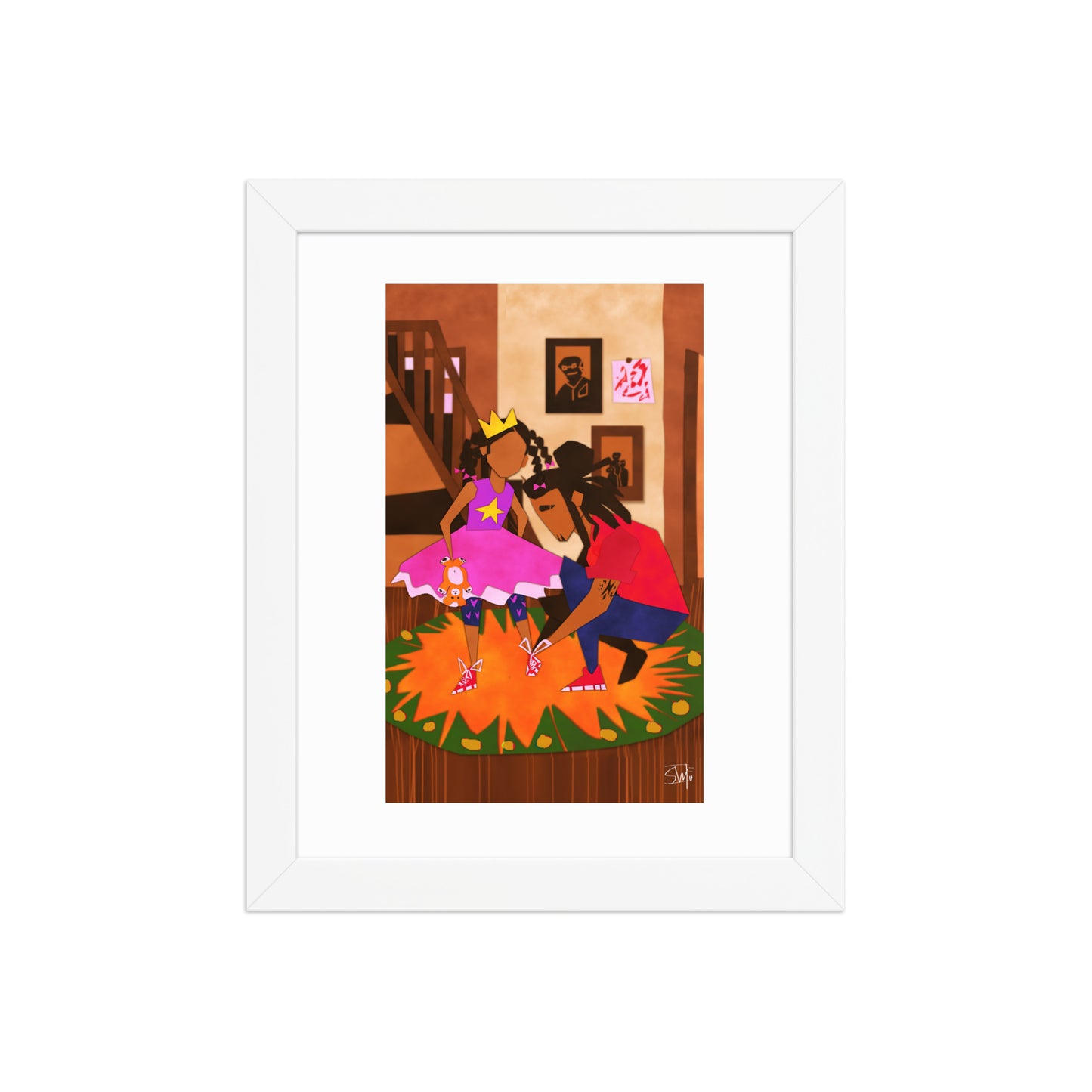 Illustration of girl in princess dress and father tying shoes