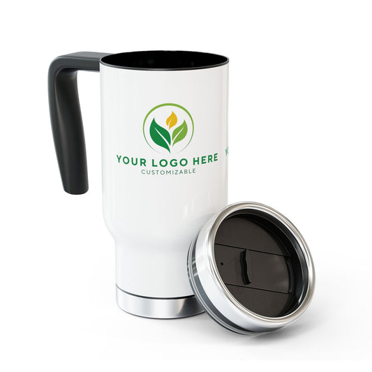White travel mug with black handle and lid, featuring a customizable logo on a white background.