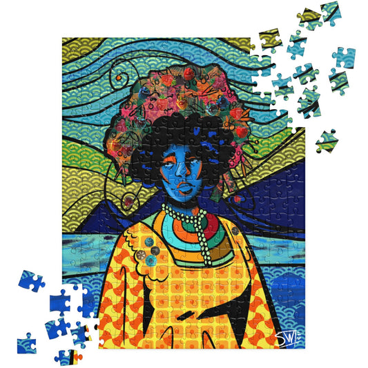 A colorful jigsaw puzzle depicting a vibrant artistic image with a figure and abstract patterns, accompanied by scattered puzzle pieces.