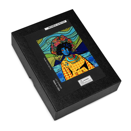 Puzzle box of a colorful jigsaw puzzle depicting a vibrant artistic image with a figure and abstract patterns, accompanied by scattered puzzle pieces.