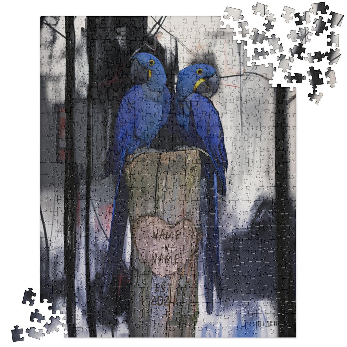 Jigsaw puzzle with two blue parrots on a tree stump in a forest setting