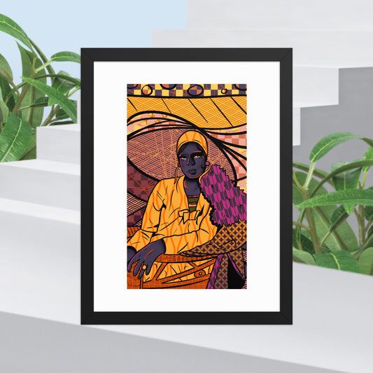 Framed artwork of a stylized figure with vibrant colors on a white background
