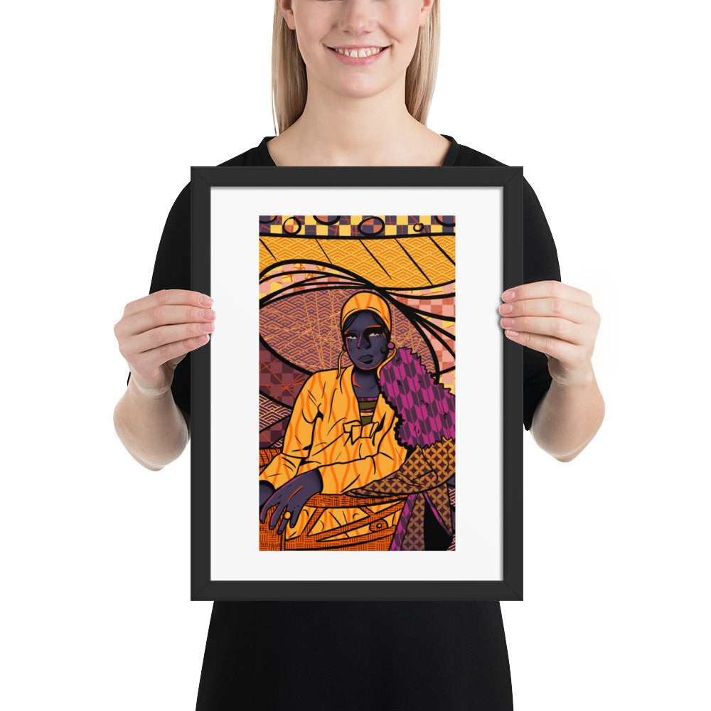 Person holding a framed artwork of a woman in a colorful setting