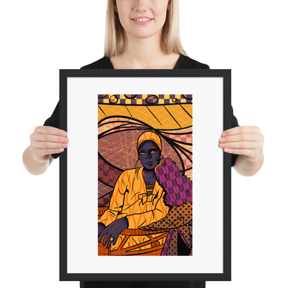 Person holding a framed artwork of a stylized figure in a colorful dress.