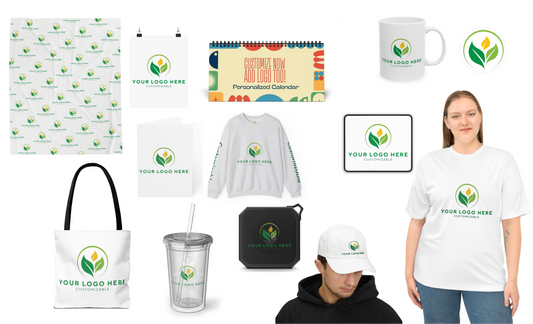 Collection of promotional products with a logo on a white background