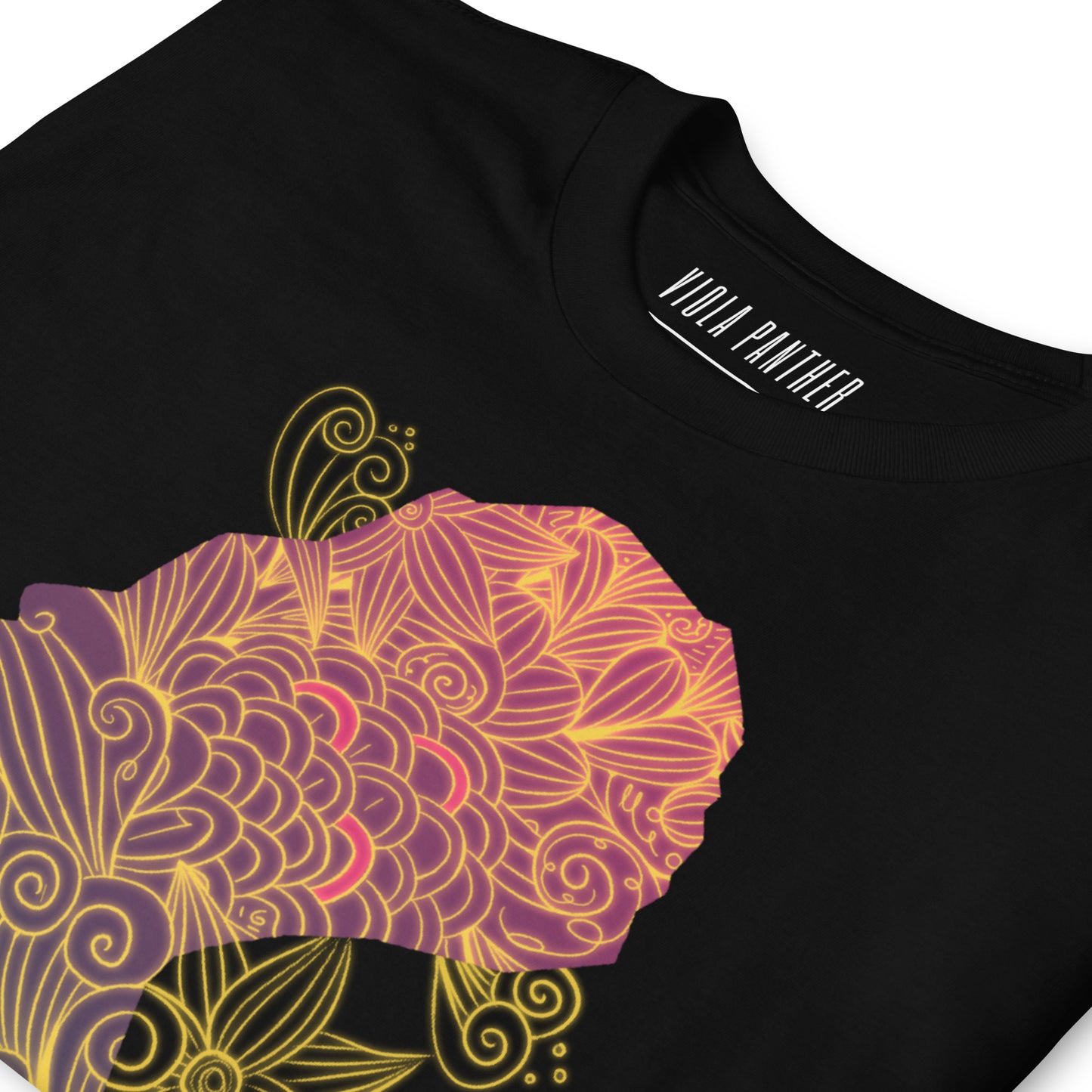Black t-shirt with colorful butterfly design and 'Viola Panther' branding.