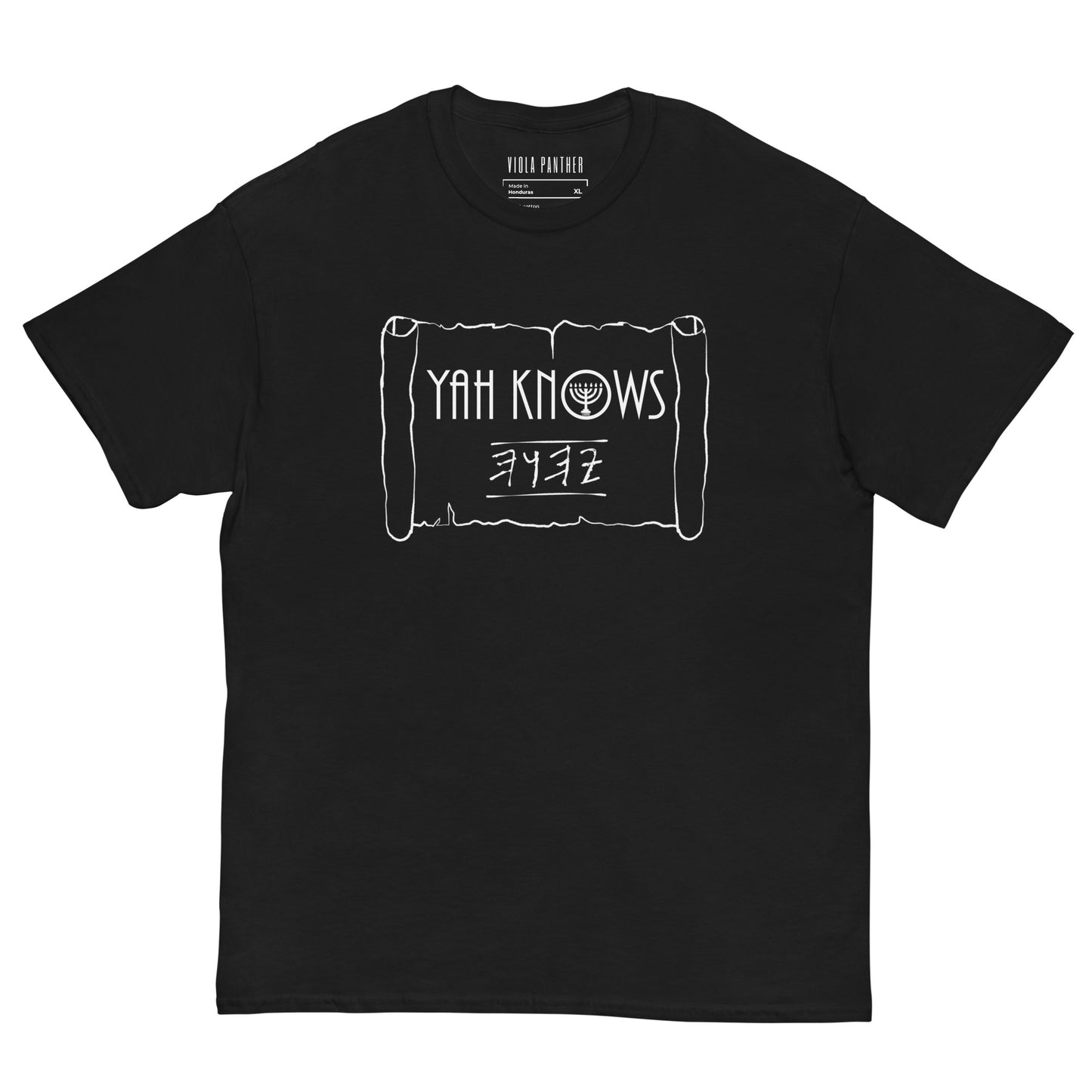 Black t-shirt with white graphic design on a white background